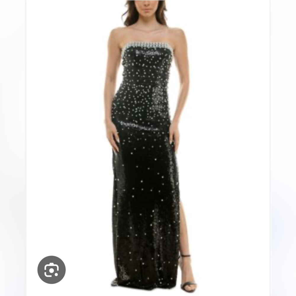 Elegant Black Sequin Pearl Strapless Gown
